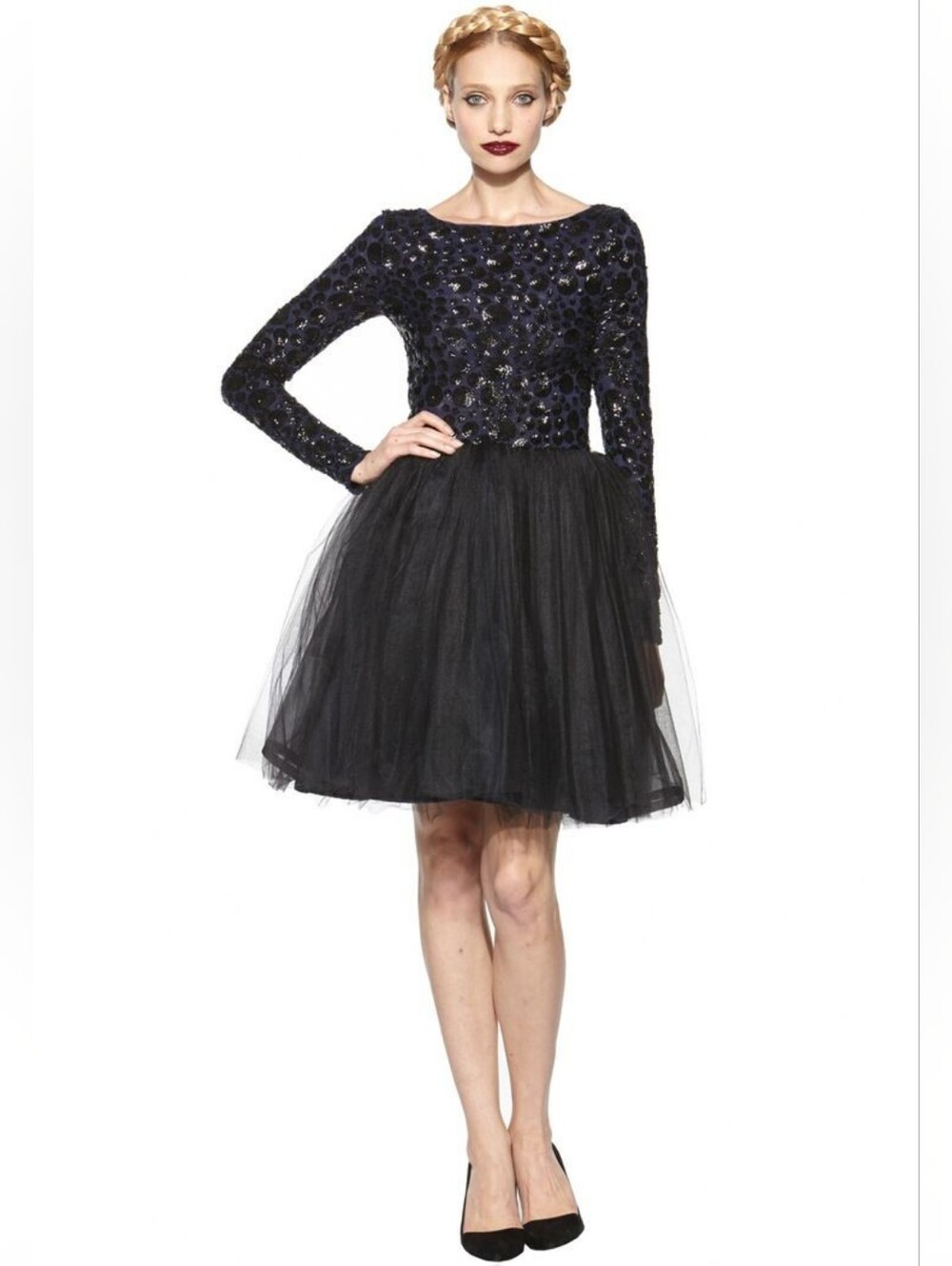 Alice + Olivia Bergen Sequin Long Sleeve Tulle Mini Dress Black Blue Sz 2 Party